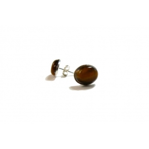 Dark Brown Tiger's Eye Cabochon and Silver Stud Earrings
